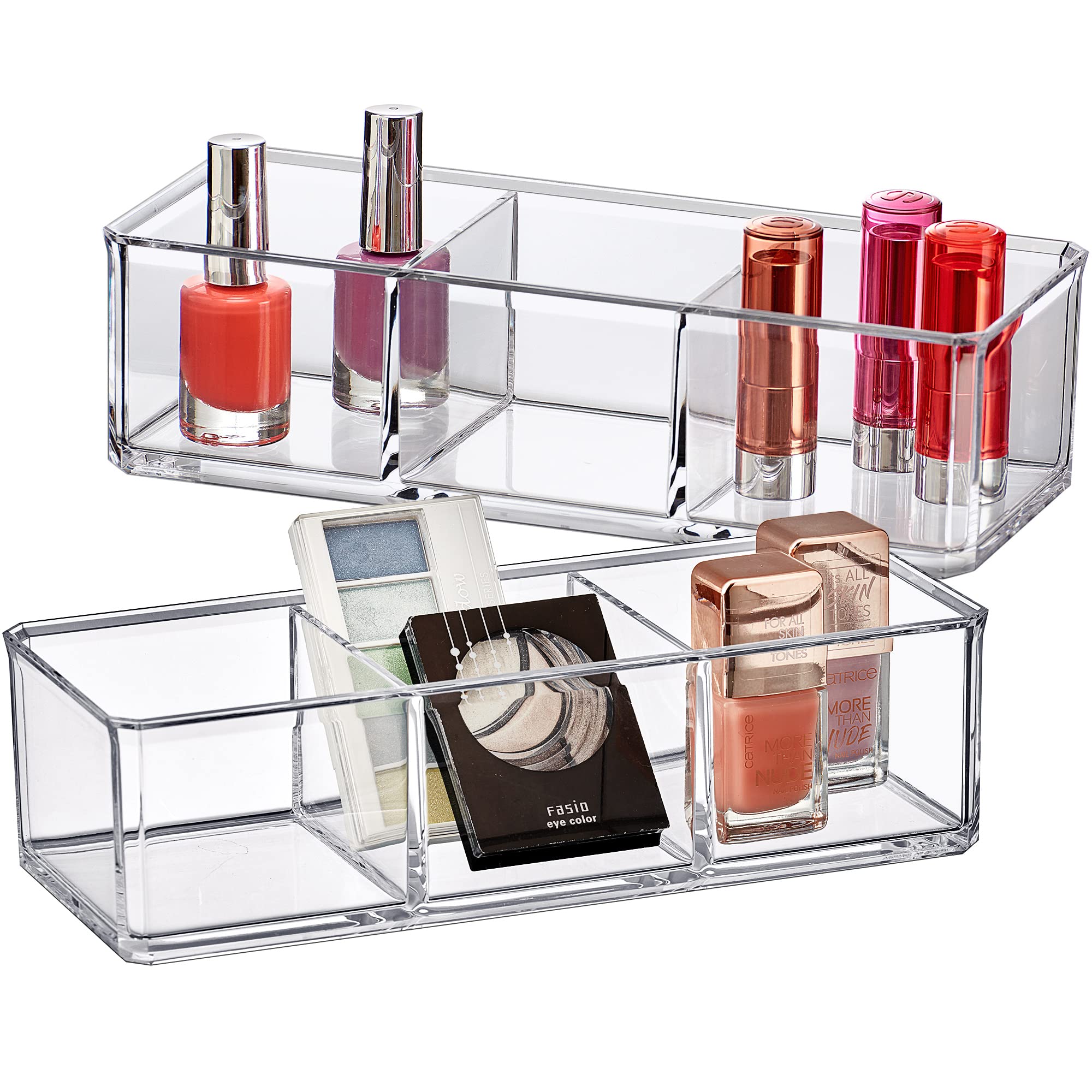 Amazing Abby - Glamour - 2-Pack Acrylic 3-Compartment Makeup Organizer, Transparent Plastic Lipstick Holder, Perfect Bathroom Vanity Storage Solution for Lipsticks, Nail Polishes, and More