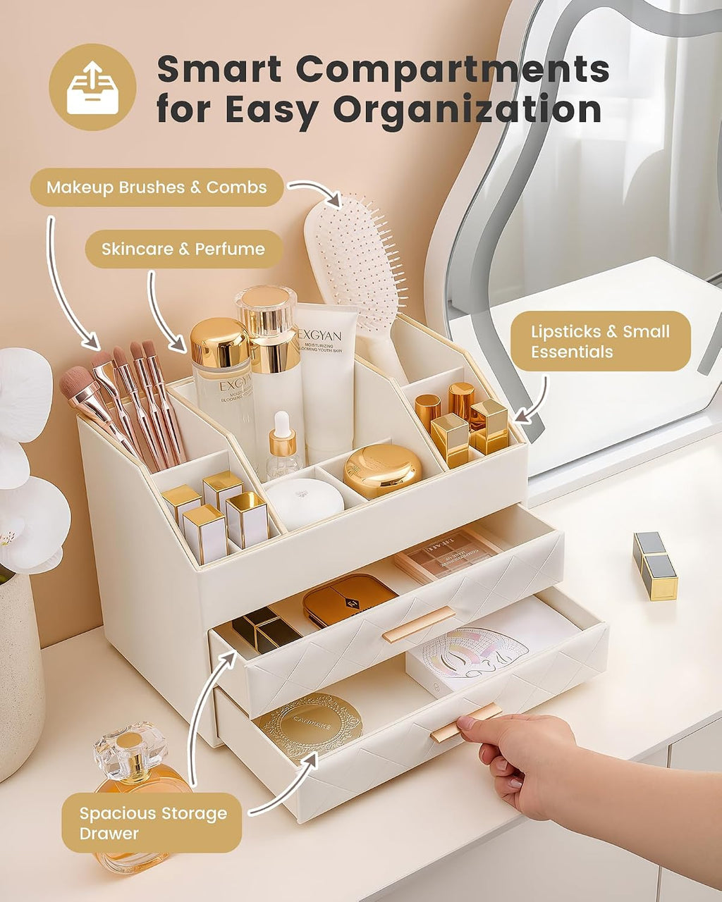 Lolalet 3-Layer PU Leather Makeup Organizer for Cosmetic Vanity -Beige