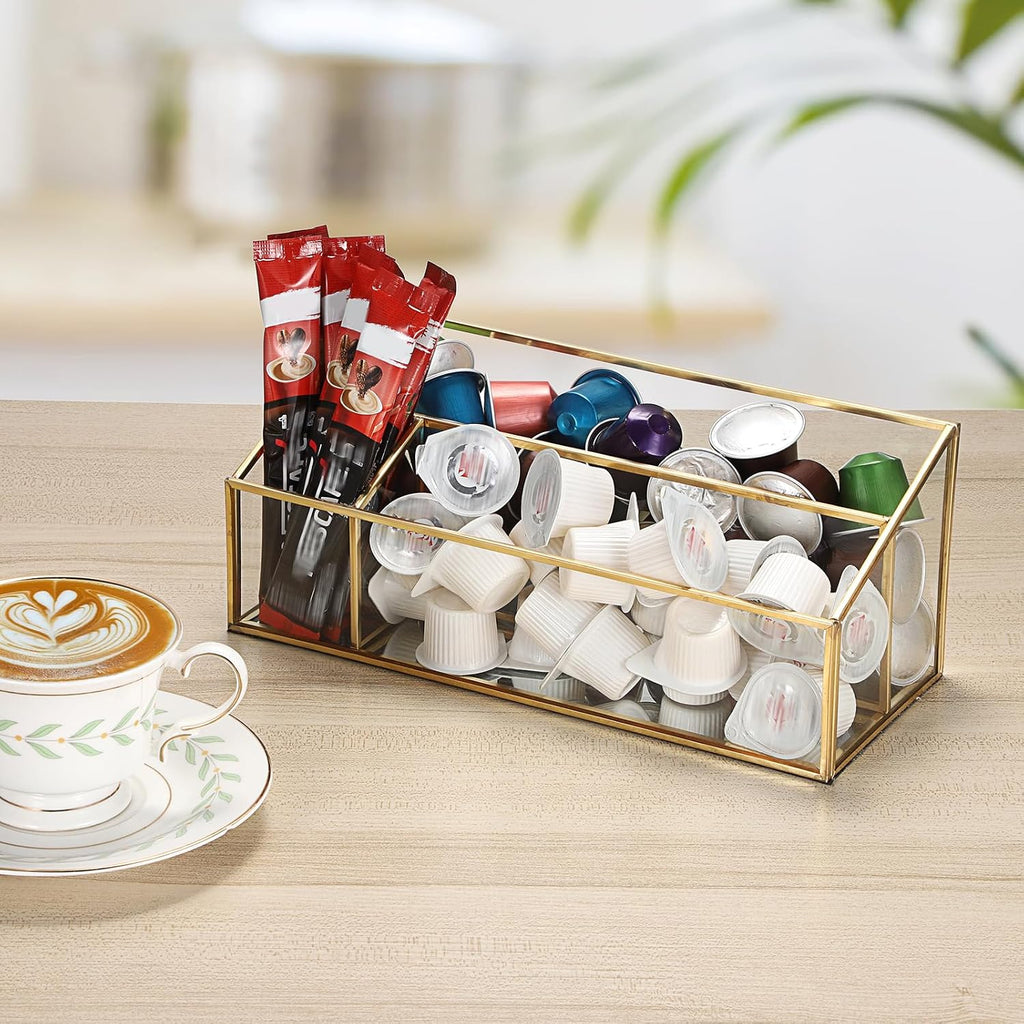Hipiwe Vintage Gold Makeup Organizer, Mirrored Glass 3 Slots Vanity Holder