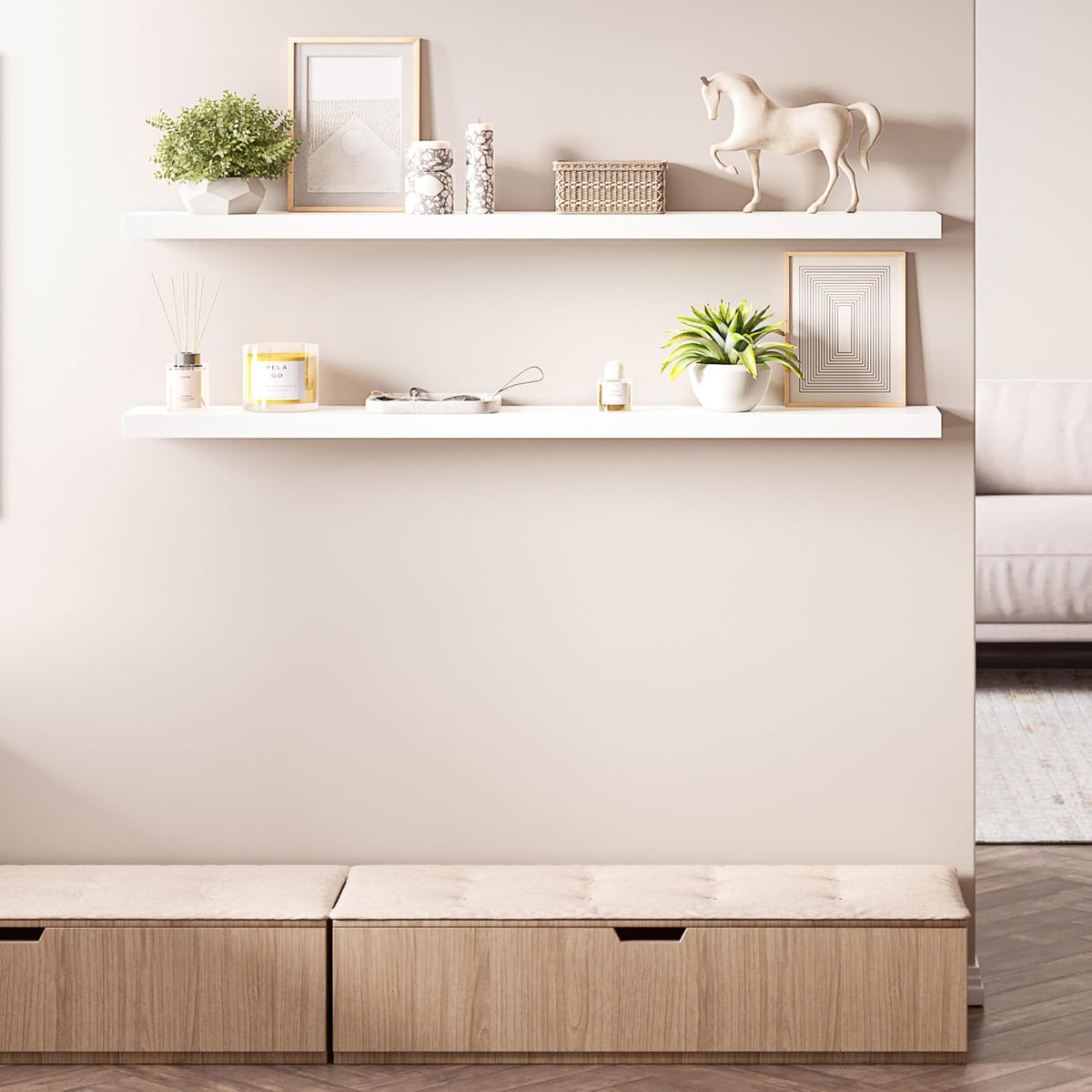 Ballucci Floating Shelves, 55" Wood Wall Shelf Set of 2, with Invisible Brackets for Bathroom, Living Room, Bedroom, Kitchen, Nursery, 6" Deep, White