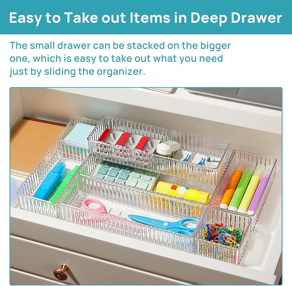 Vtopmart 7 PCS Clear Makeup Drawer Organizers Bins, 4-Size Stackable Makeup and Vanity Organizer Trays, Acrylic Bathroom Storage Containers for Cosmetic, Toiletries, Office Supply, Utensils, Gadgets