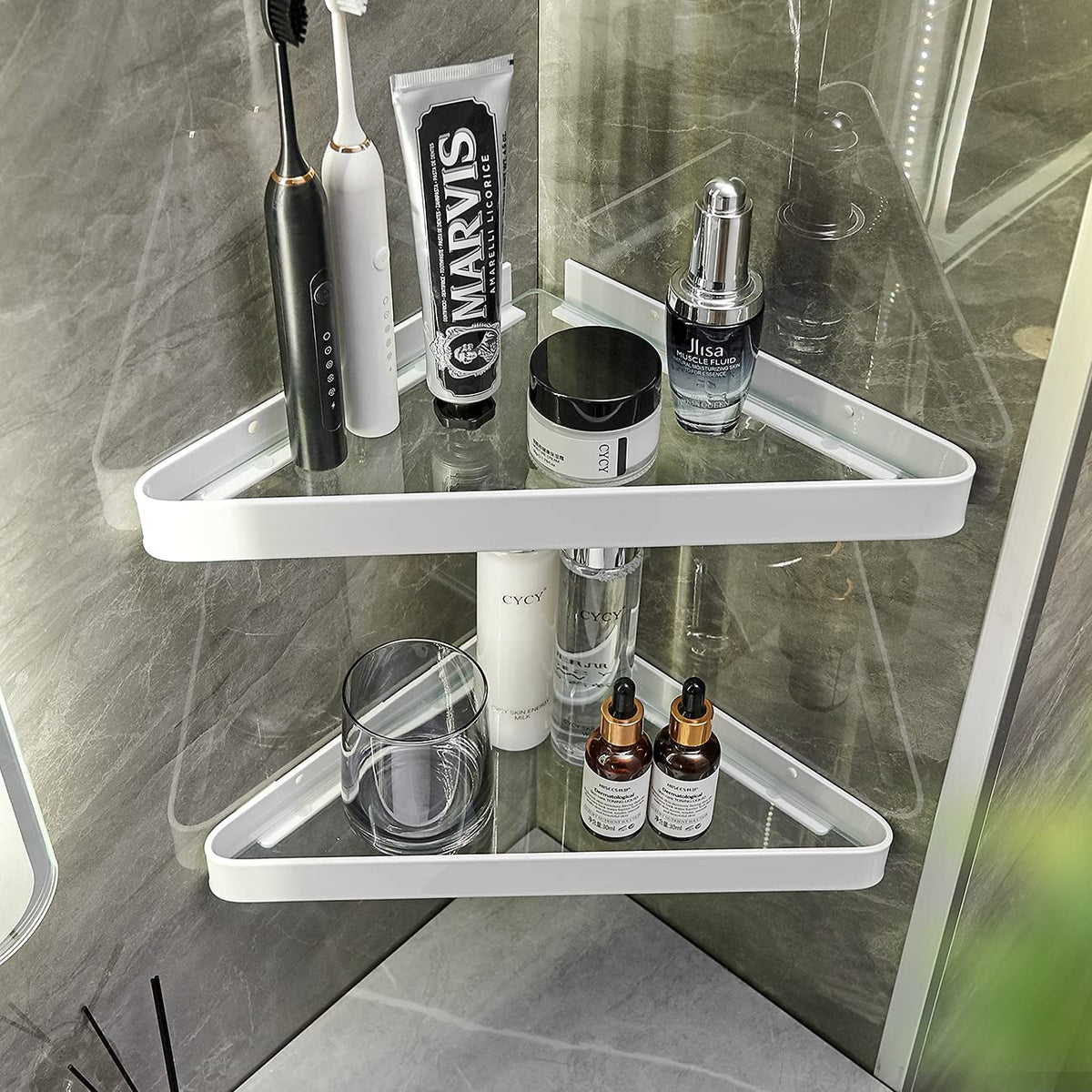 VOLPONE Stainless Steel Wall Mounted Bathroom Shelves - 2-Tier Floating Shelf with Removable Hooks (Brushed Nickel)