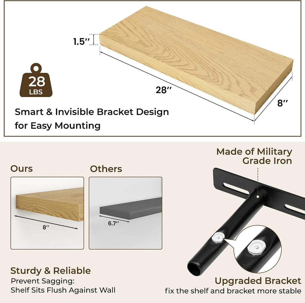 RICHFOCUS 28Inch Floating Shelves for Wall 2 Pack Shelves for Bedroom|Kitchen|Bathroom|Laundry Room Rustic Wood Wall Mounted Shelf with Invisible Brackets for Books|Storage|Decor, Oak