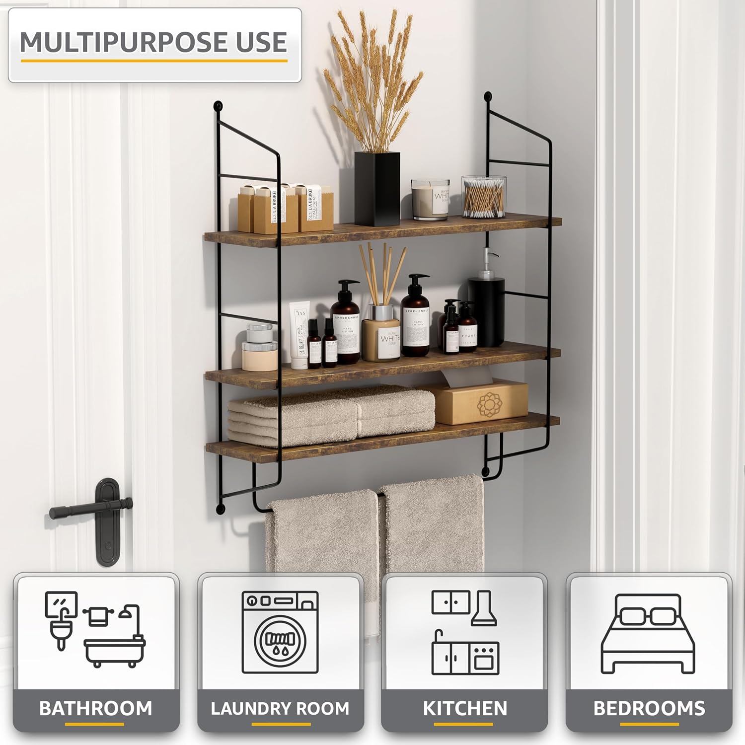 Sorbus 3-Tier Floating Shelves for Wall, Bathroom Storage & Decor (Brown)