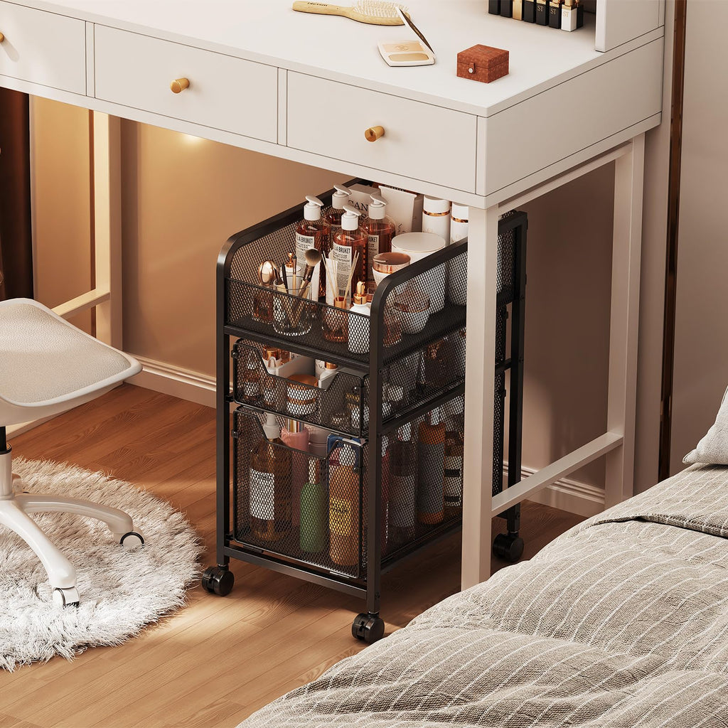 Hongtamoya Rolling Makeup Cart Organizer with 2 Drawers, Under Desk Storage