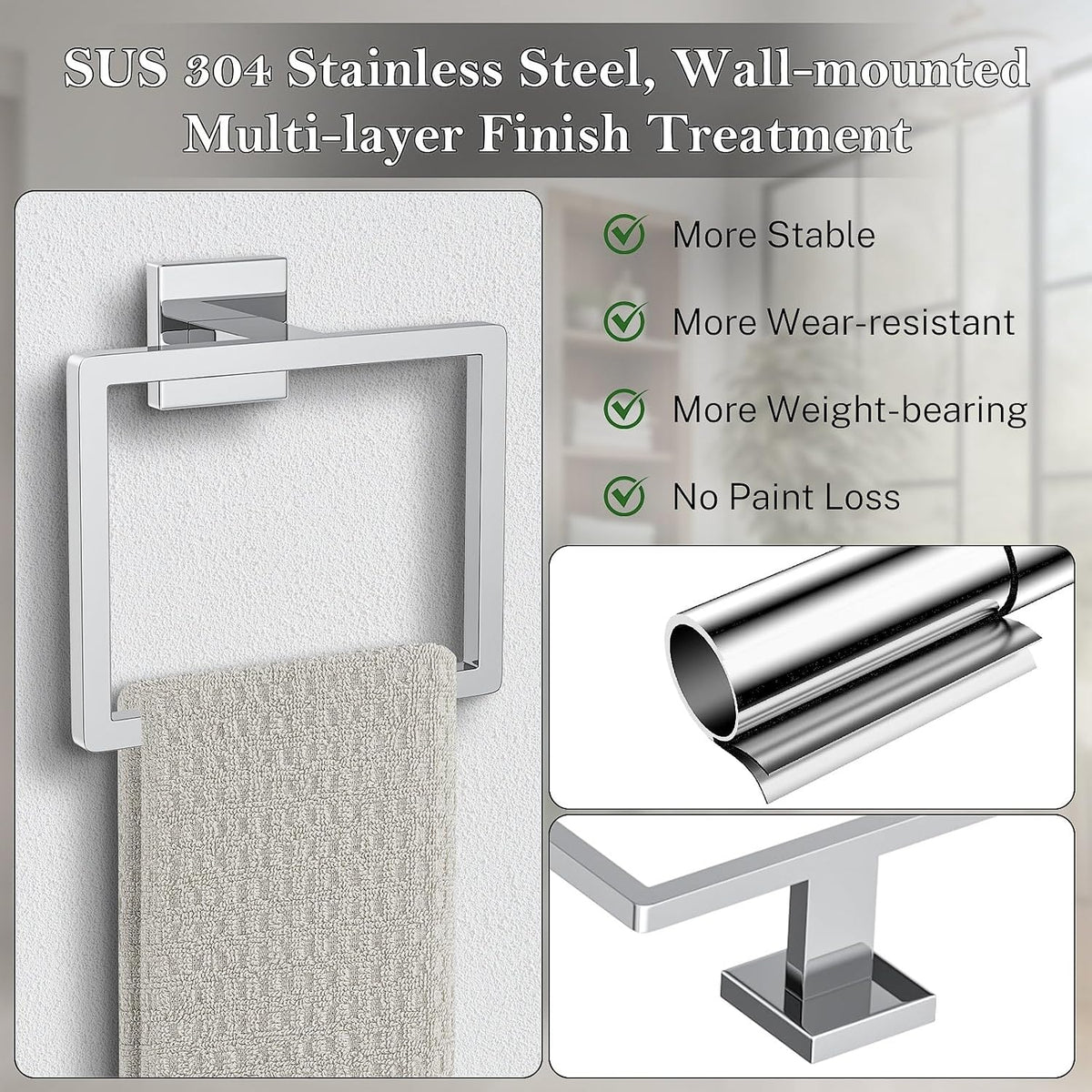 2-Piece Polished Chrome Towel Ring,Hand Towel Holder,Modern Towel Holder Stainless Steel Towel Rack Wall-Mounted Bathroom Towel Hanger