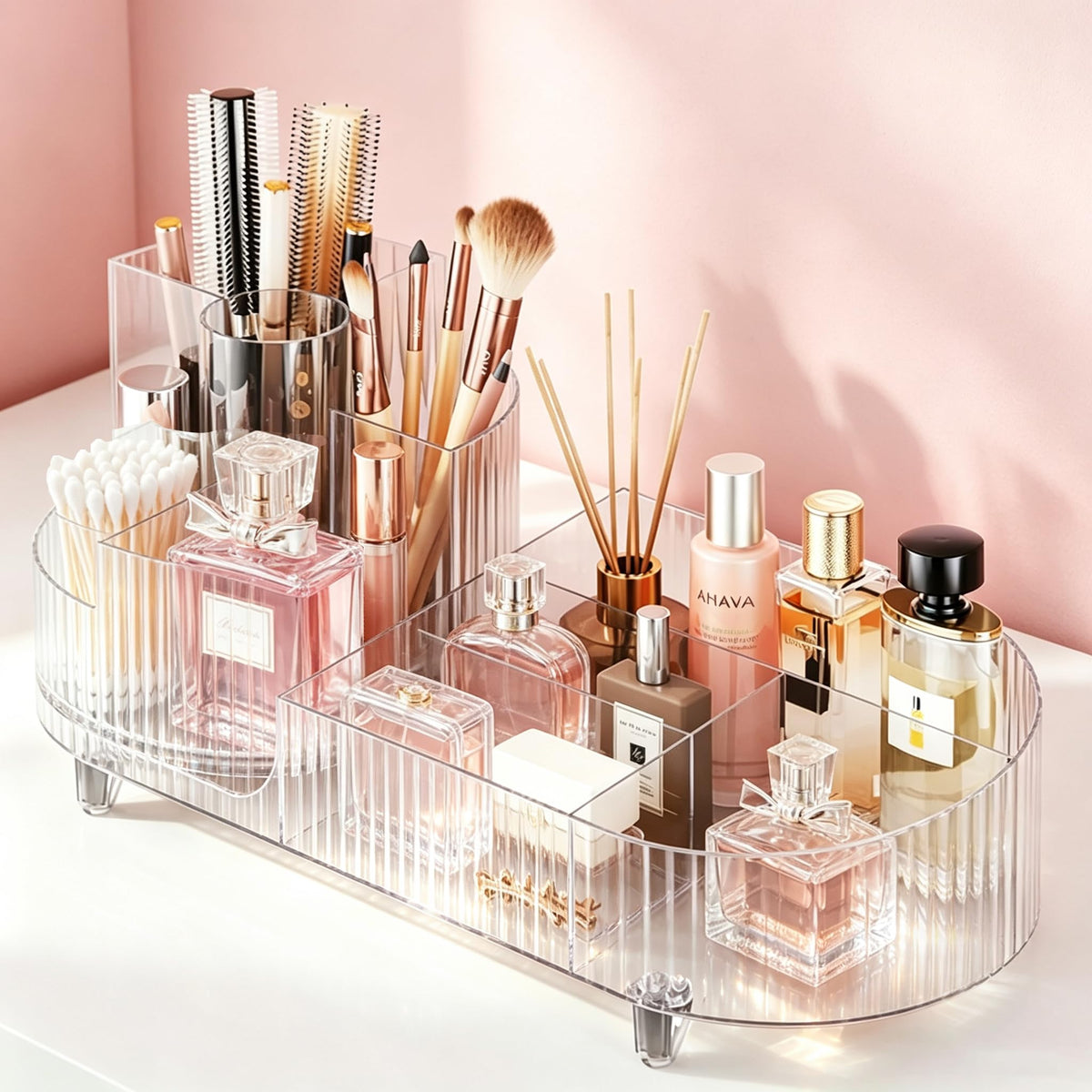 Rotating Makeup Organizer for Vanity with Brush Holder and Drawer, Cosmetic Makeup Storage, Large Spinning Makeup Skincare Organizer, Countertop Makeup Perfume Organizer, Lotions Display Case (Green)