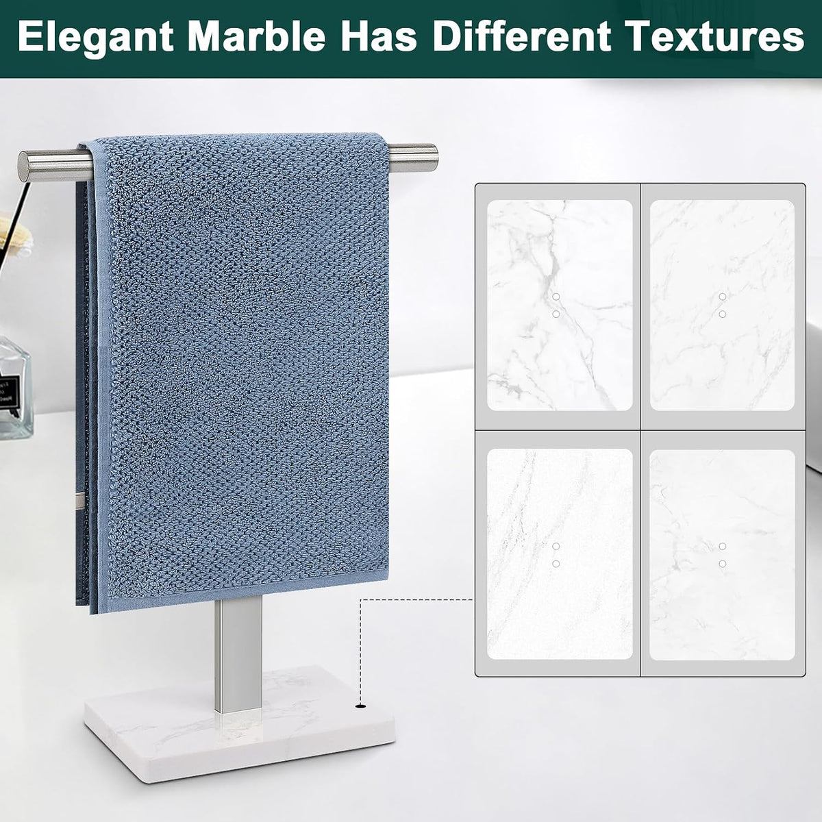 Hand Towel Holder, T-Shape Hand Towel Stand for Bathroom, Hand Towel Rack Bar Standing for Vanity Kitchen Countertop, 304 Stainless Steel (Marble Base, Brushed)
