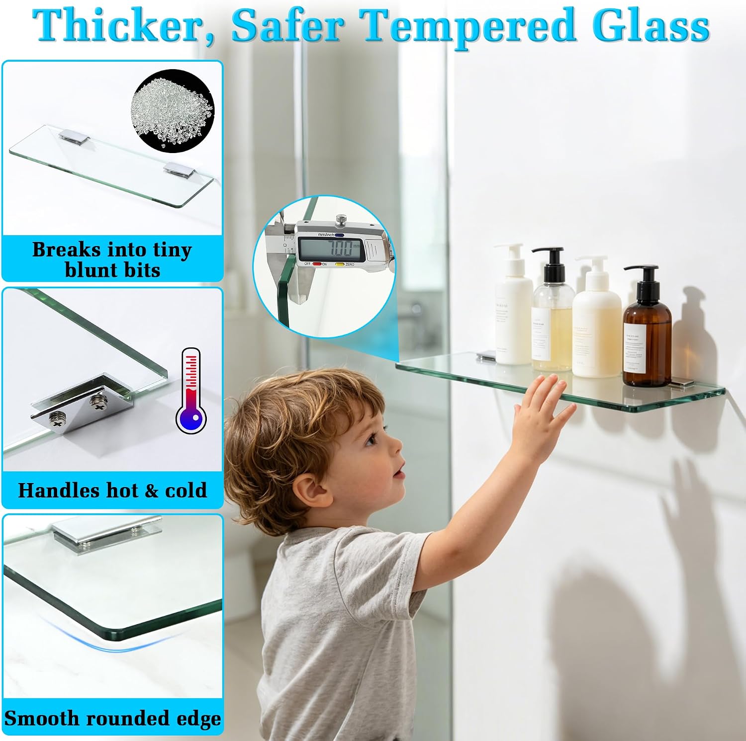 Alise Glass Shelves for Bathroom,15 Inch Wall Mounted Floating Shelf,Chrome