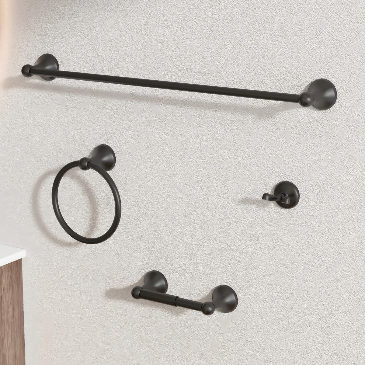 BGL Bathroom Accessory Set, Matte Black Adjustable Expandable Towel Bar 4-Piece Bathroom Hardware Set Wall Mounted Robe Hook Toilet Paper Holder Towel Ring Towel Bar
