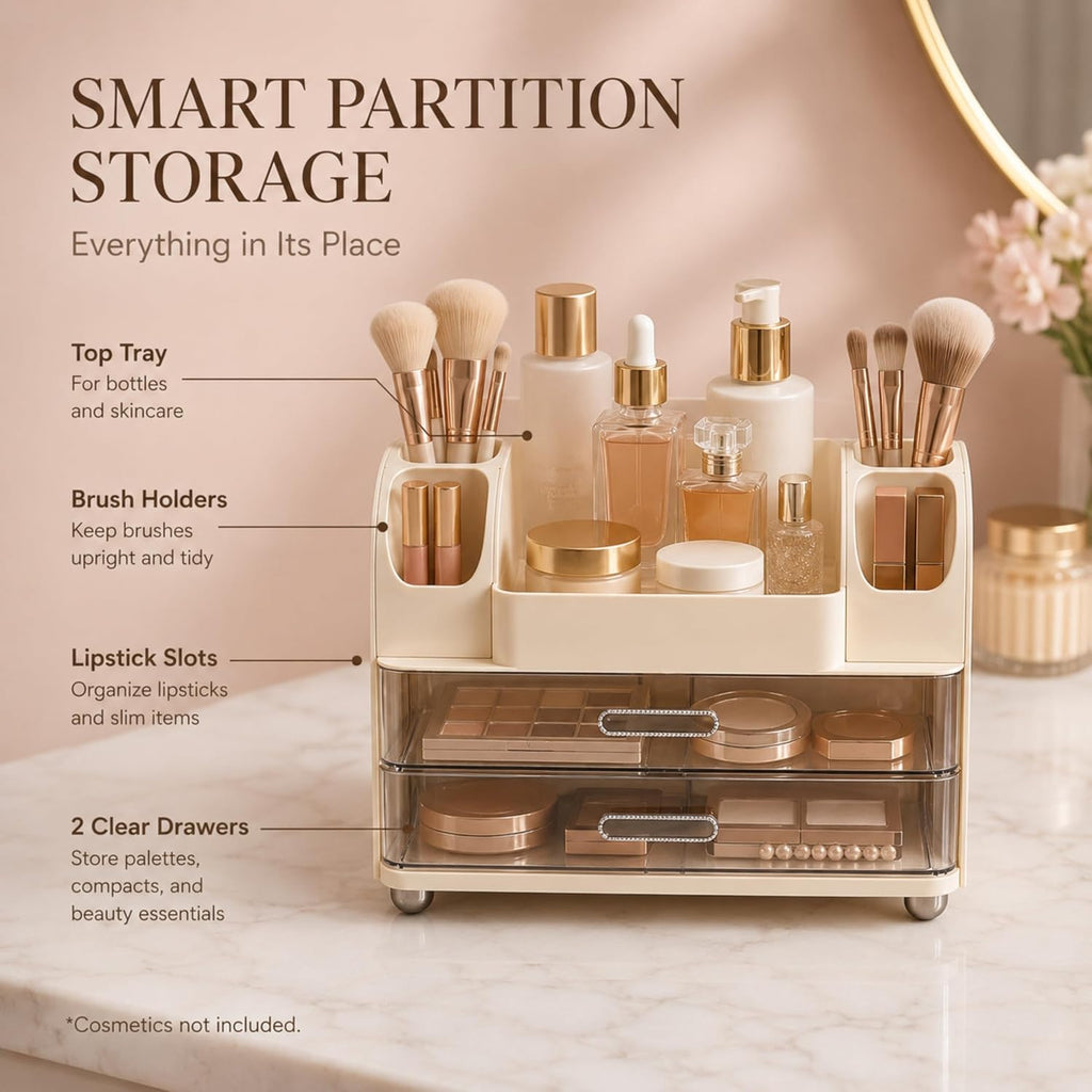 ROOM127 Makeup Organizer for Vanity with 2 Clear Drawers and Brush Holders