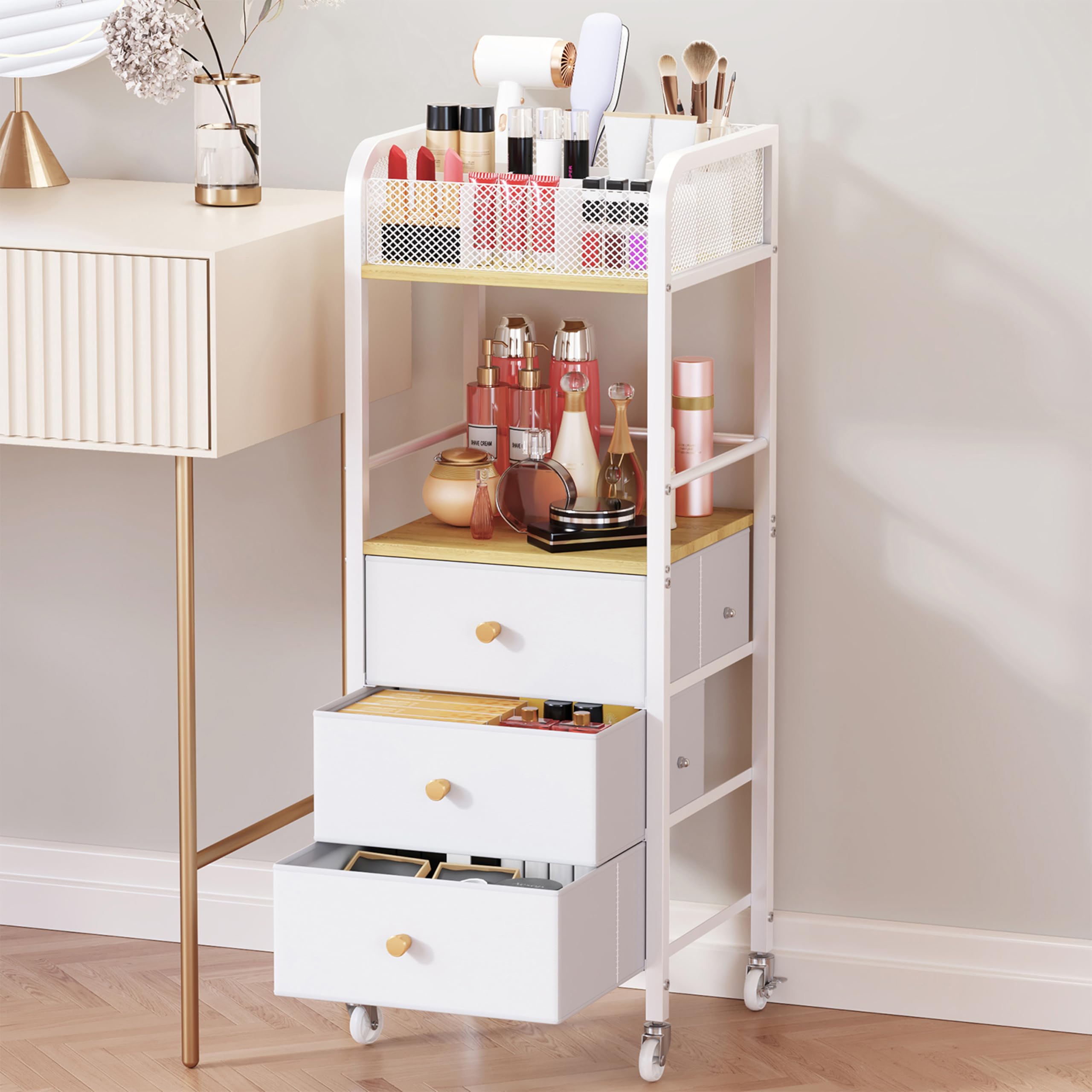 HapiRm Rolling Makeup Cart Organizer - Floor Skincare Make Up Storage with 3 Non-woven Fabric Drawers, Vanity Organizer Cosmetic Display Cases Holder for Skin Care Perfume Nail Polish Brush Hair Tool