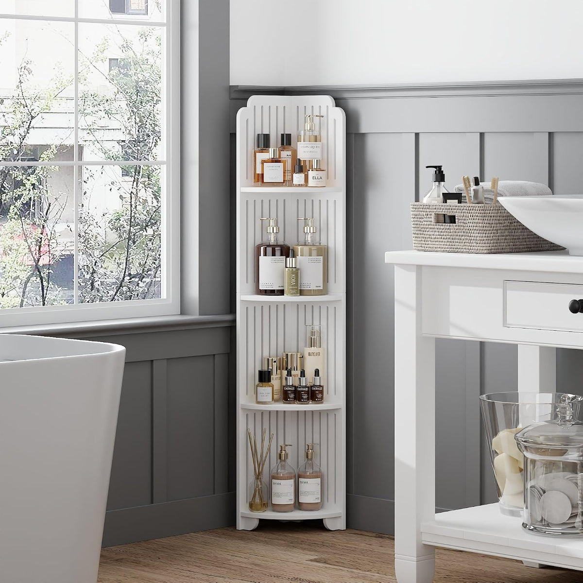 VECELO 4-Tier Bathroom Shelves for Narrow Space, Modern Corner Shelf Stand,Small Storage Organizer for Bathroom,Toilet Paper Stand,White