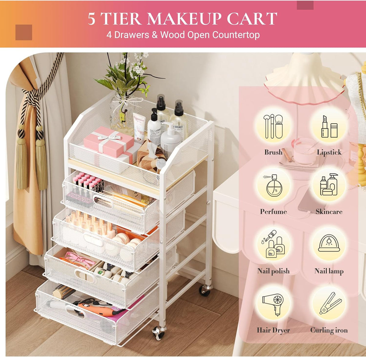 Goovilla Rolling Makeup Organizer Cart with Drawers, 5 Tier Metal, White