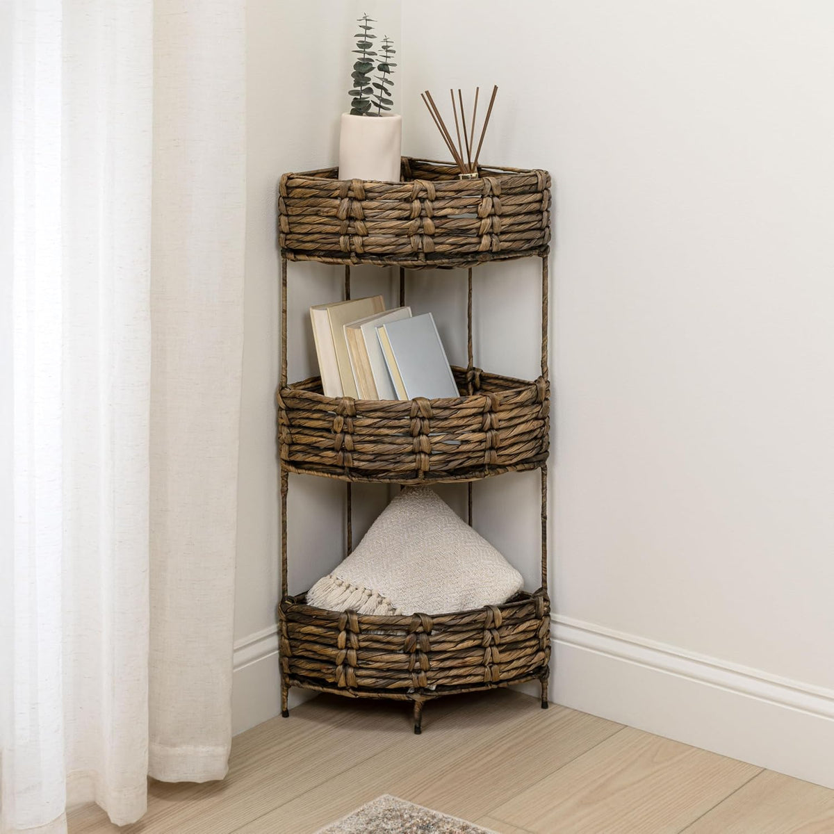 happimess Lavish 3-Tier Corner Storage Rack 32.5" Water Hyacinth, Brown