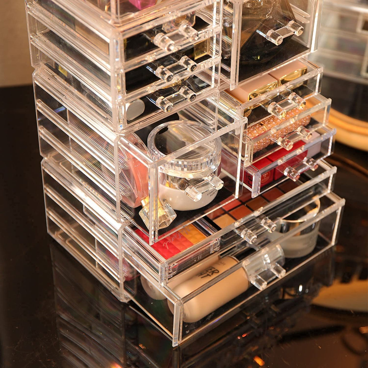 Cq Acrylic 4 Pack Clear Makeup Storage, Stackable 10 Drawer Organizer for Vanity, Jewelry, Hair Clip, Beauty & Skincare Products