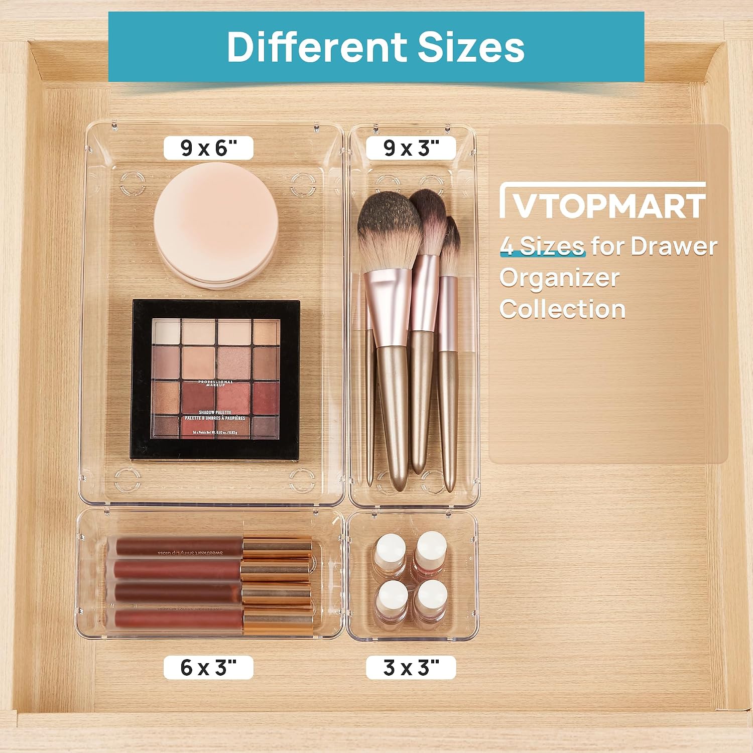 Vtopmart 10 Pack Clear Drawer Organizer Bins, 4 Sizes Makeup Storage Trays