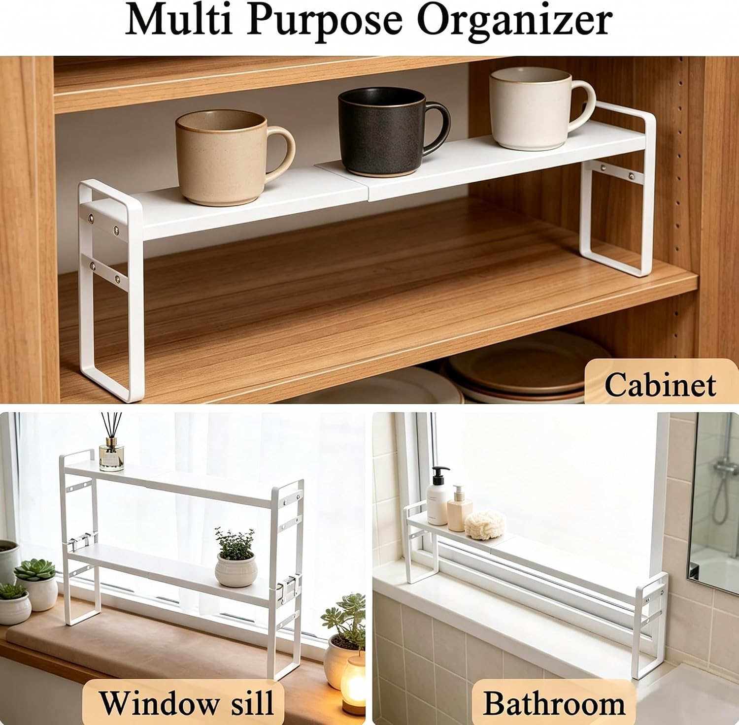 2pcs Expandable Window Sill Plant Shelf, Narrow Expandable Window Shelf for Plants Kitchen Sink Organizer Stackable Shelves for Kitchen Counter, Windowsill Plants, Bathroom Vanity (White)