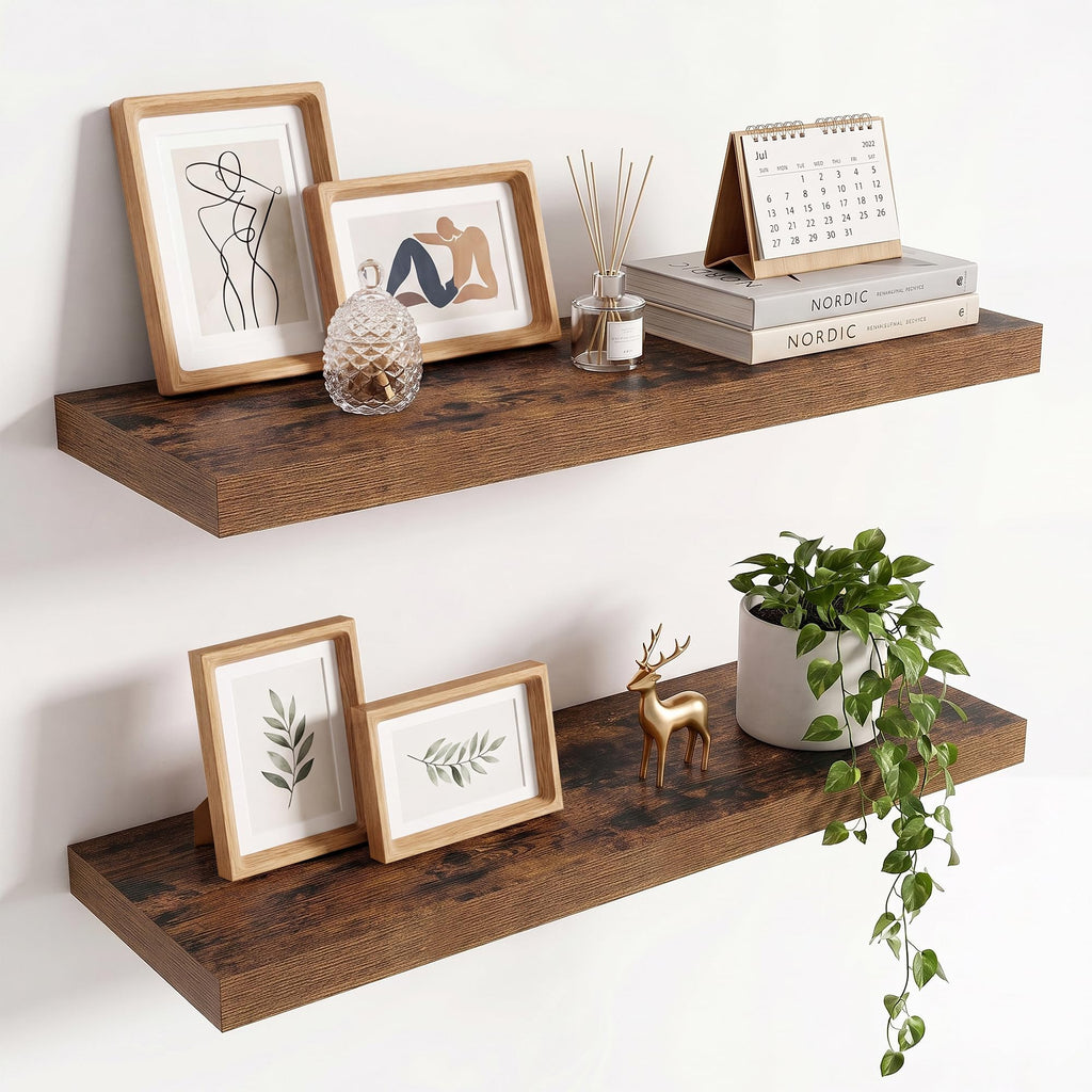 36in Floating Shelves for wall Set of 2, Black Wall Mounted Shelf 9.3in Deep for Wall Decor, Hanging Shelf 1.5in Thick for Living Room, Bedroom, Bathroom, Kitchen, Office