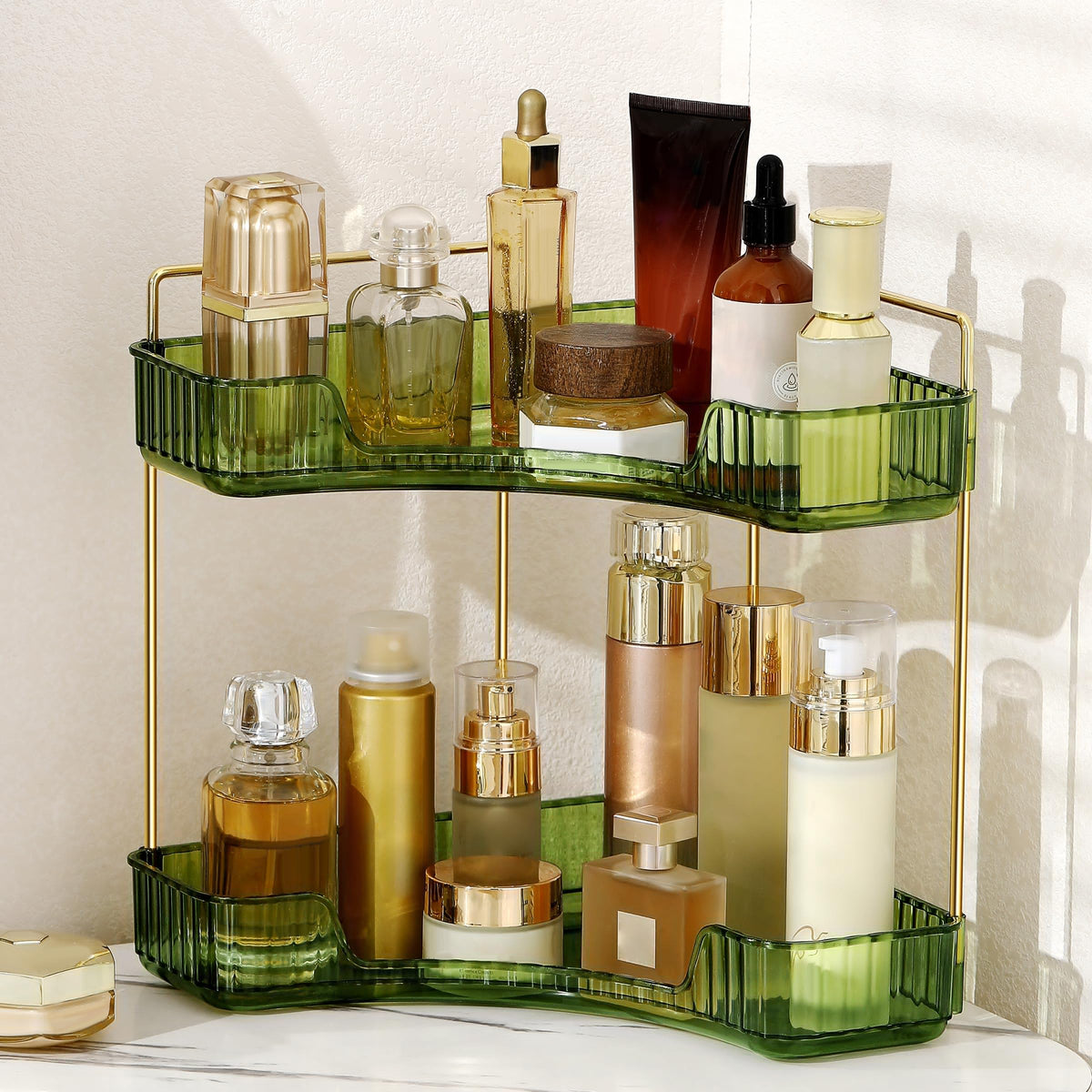 Corner Bathroom Counter Organizer Bathroom Countertop Shelf Makeup Organizer for Vanity Perfume Tray for Corner Storage (2 Tiers, Blue)