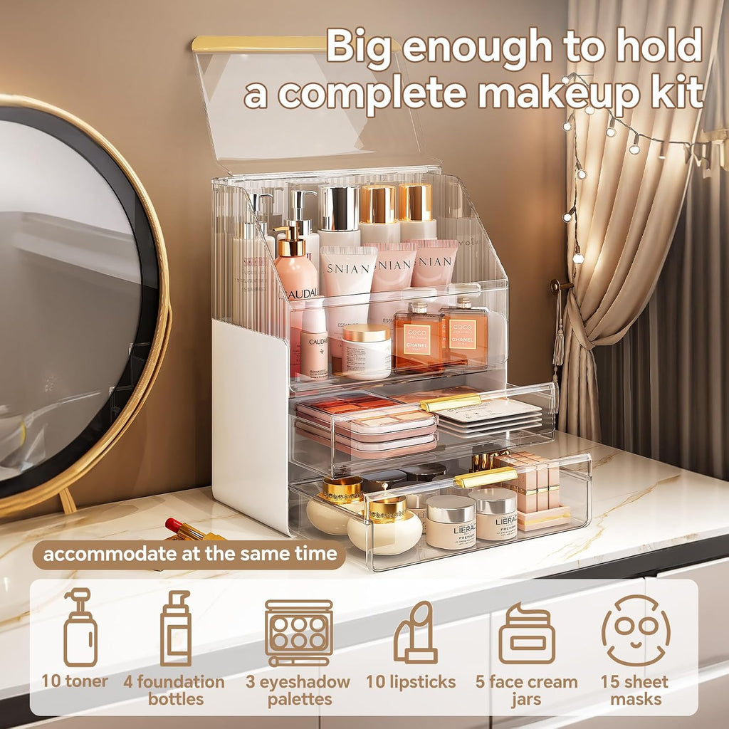 Makeup Organizer Countertop with Lid, Skincare Organizers for Vanity, 3 Tiers Clear Makeup Storage Cosmetic Display Cases Holder for Bedroom Bathroom Dresser Desk Countertop