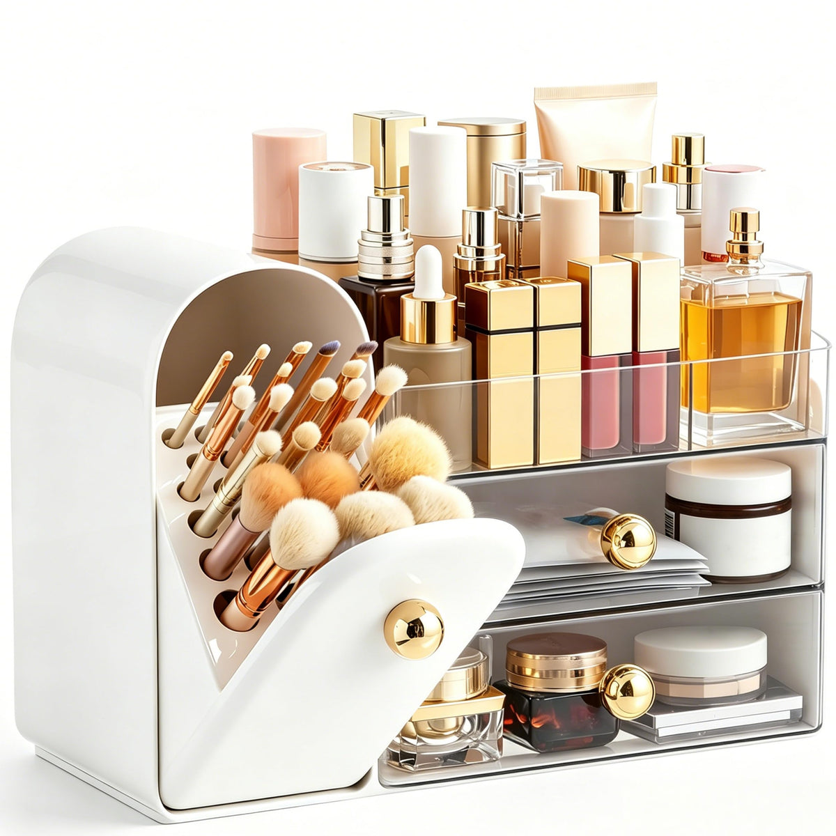 HBlife Makeup Organizer Countertop with Drawers, Vanity Organizers with Brush Holder, Bathroom Counter Organizer for Perfume, Nail Polishes, Lipsticks, Skincare and Eyeshadow Palettes, White
