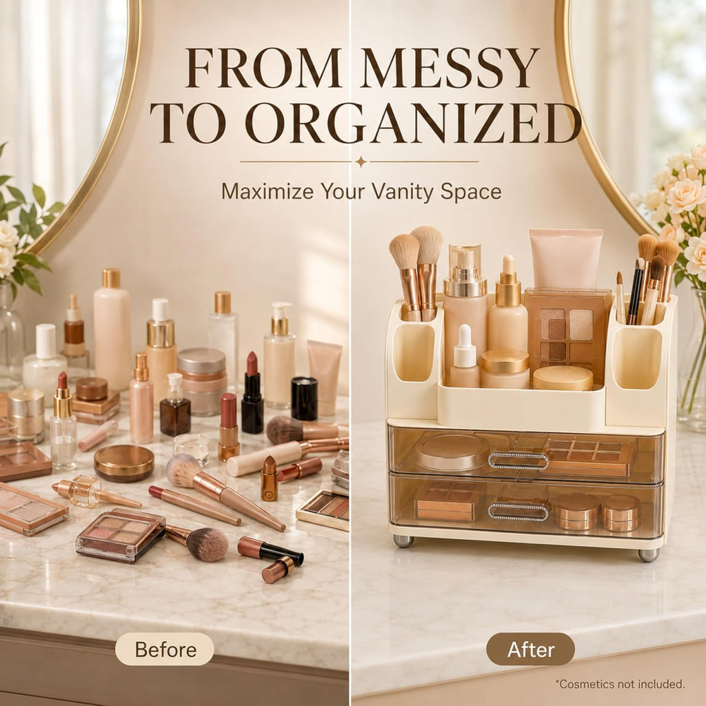 ROOM127 Makeup Organizer for Vanity with 2 Clear Drawers and Brush Holders