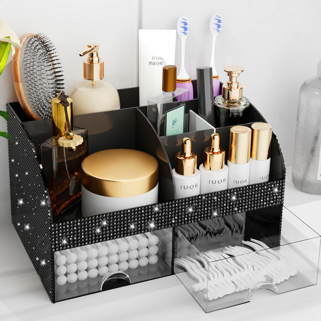 Makeup Organizer with Drawers, Cosmetic Storage for Dresser Vanity and Bathroom Countertop, Beauty Holder for Lipstick Brush, Skincare Organizer for Vanity, Cosmetic Display Case (Black-2Pack)