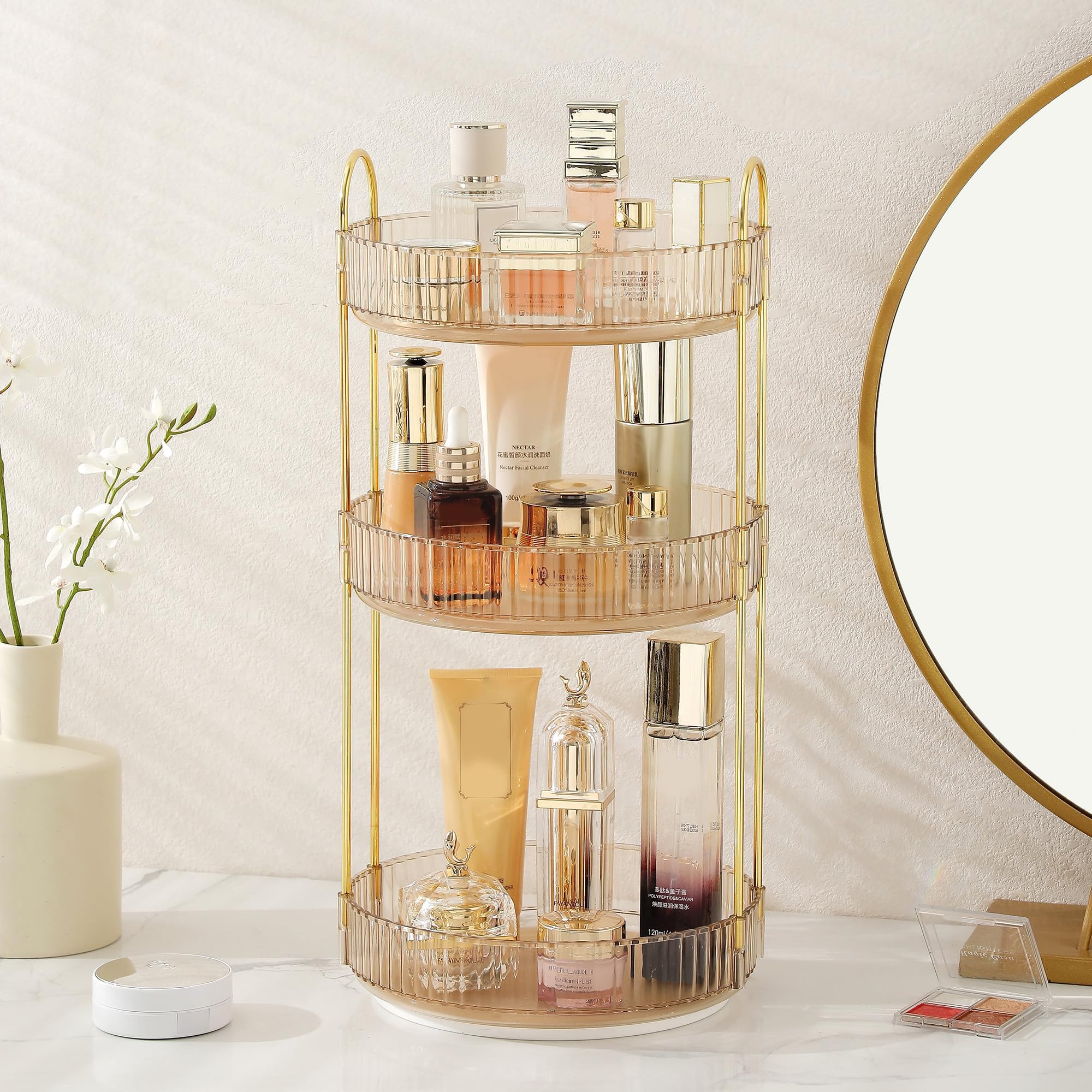 Aveniee 3-Tier 360° Rotating Makeup Organizer, Clear Spinning Perfume Cosmetic Storage for Vanity Countertop, Sturdy Metal Pole Skincare Holder Stand for Bathroom Dresser, White