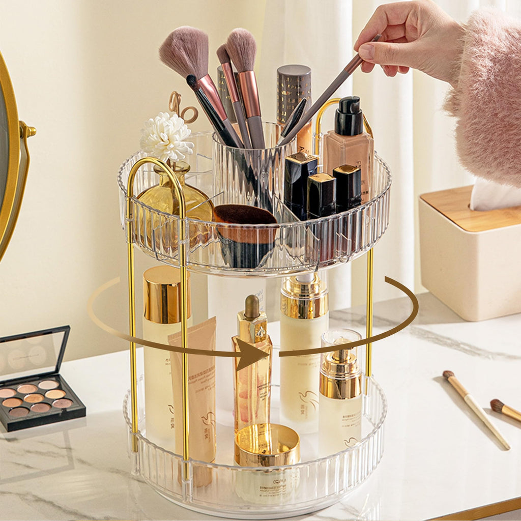 Aveniee 3-Tier 360° Rotating Makeup Organizer, Clear Spinning Perfume Cosmetic Storage for Vanity Countertop, Sturdy Metal Pole Skincare Holder Stand for Bathroom Dresser, White