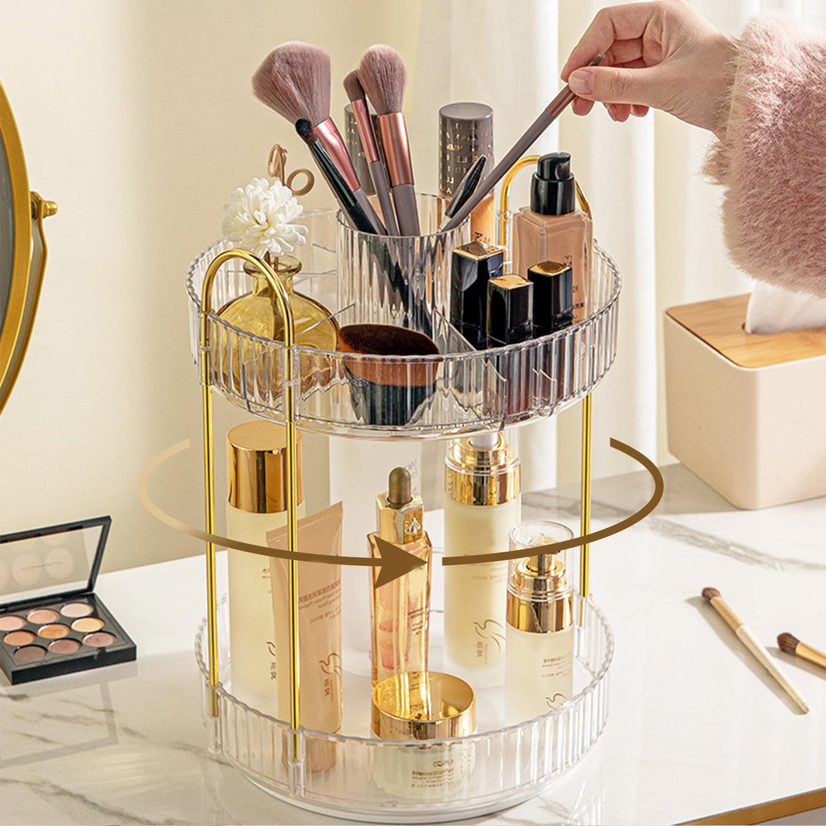 Aveniee 3-Tier 360° Rotating Makeup Organizer, Clear Spinning Perfume Cosmetic Storage for Vanity Countertop, Sturdy Metal Pole Skincare Holder Stand for Bathroom Dresser, White