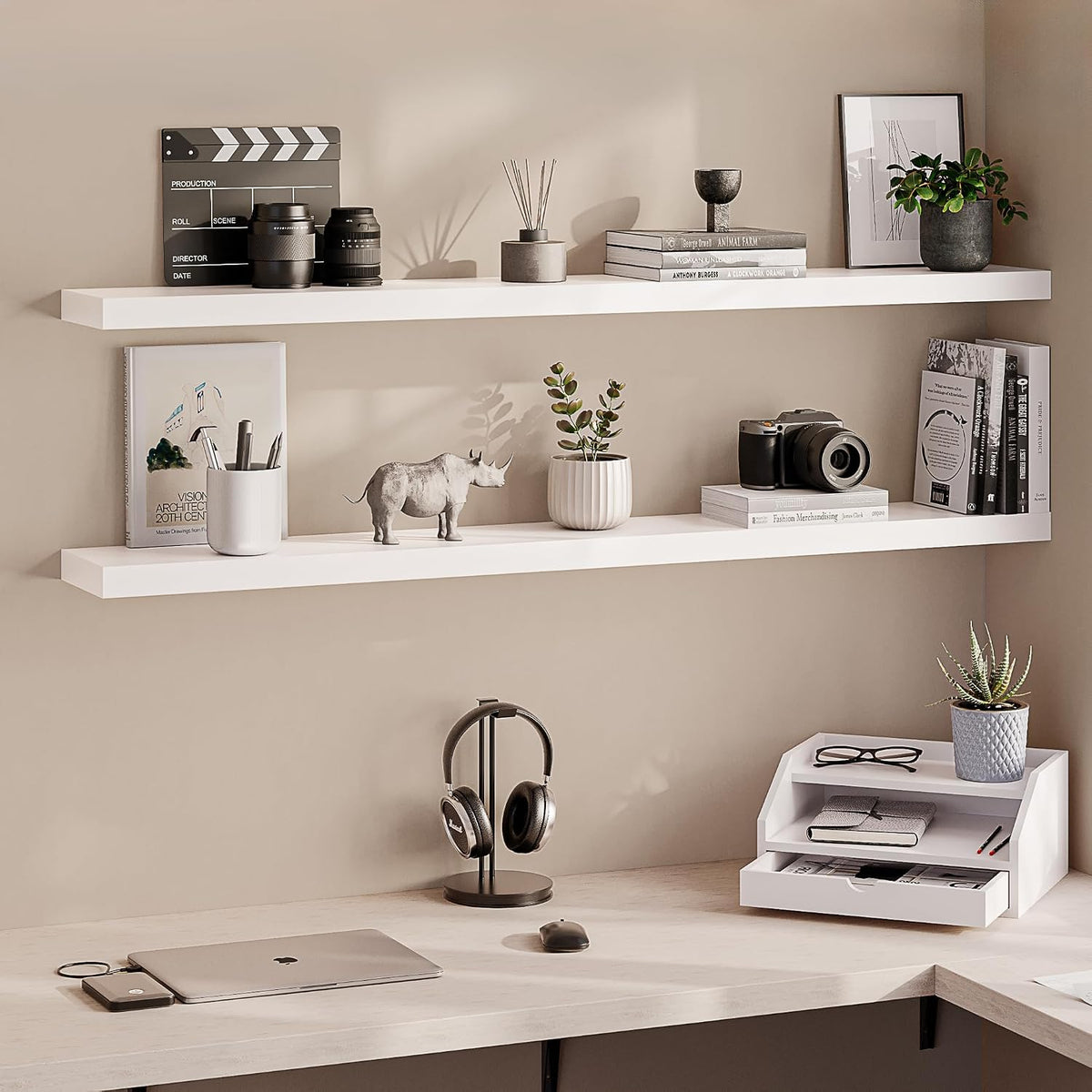 Ballucci Floating Shelves, 55" Wood Wall Shelf Set of 2, with Invisible Brackets for Bathroom, Living Room, Bedroom, Kitchen, Nursery, 6" Deep, White