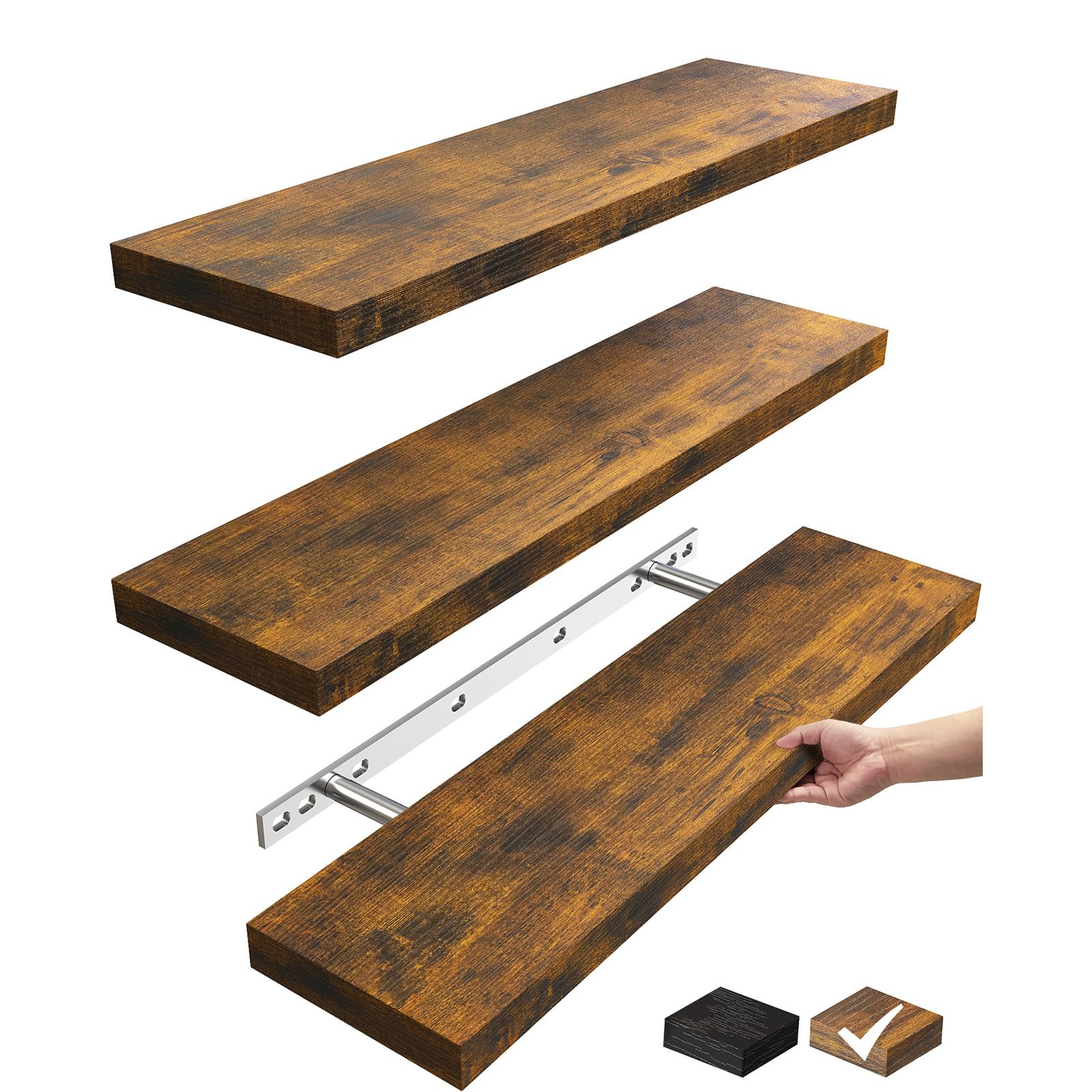 BAYKA Floating Shelves for Wall, Book Shelf for Bedroom, Decor Shelves for Living Room Kitchen, Mounted Wood Floating Shelf for Home Decor, Corner Shelf for Bathroom, Office(Dark Brown,Set of 4)