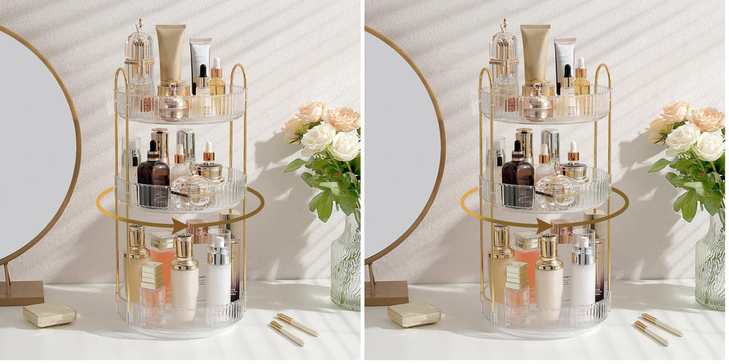 Aveniee 3-Tier 360° Rotating Makeup Organizer, Clear Spinning Perfume Cosmetic Storage for Vanity Countertop, Sturdy Metal Pole Skincare Holder Stand for Bathroom Dresser, White