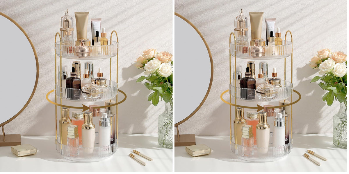 Aveniee 3-Tier 360° Rotating Makeup Organizer, Clear Spinning Perfume Cosmetic Storage for Vanity Countertop, Sturdy Metal Pole Skincare Holder Stand for Bathroom Dresser, White