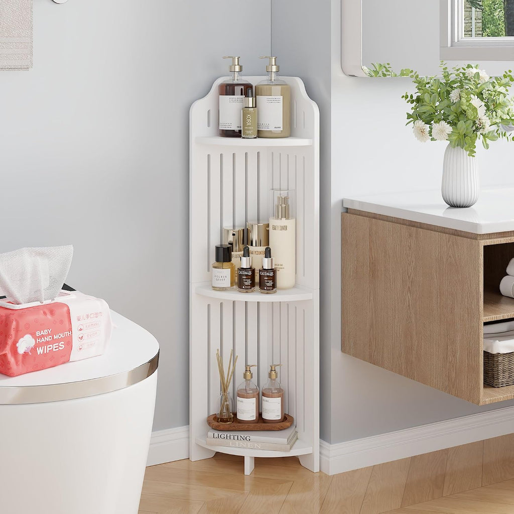 VECELO 3-Tier Bathroom Corner Shelf, Freestanding Triangle Storage Rack, Waterproof Corner Organizer, White Vertical Corner Shelving Unit for Bathroom Toilet Small Space,White