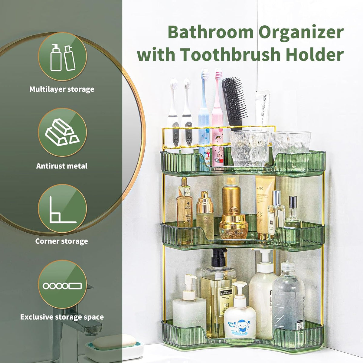 Makeup Organizer 3 Tier Bathroom Counter Organizer with Makeup Brush Holder