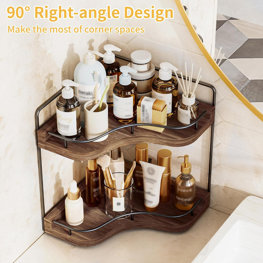 2-Tier Corner Bathroom Counter Organizer, Larger, Dark Brown