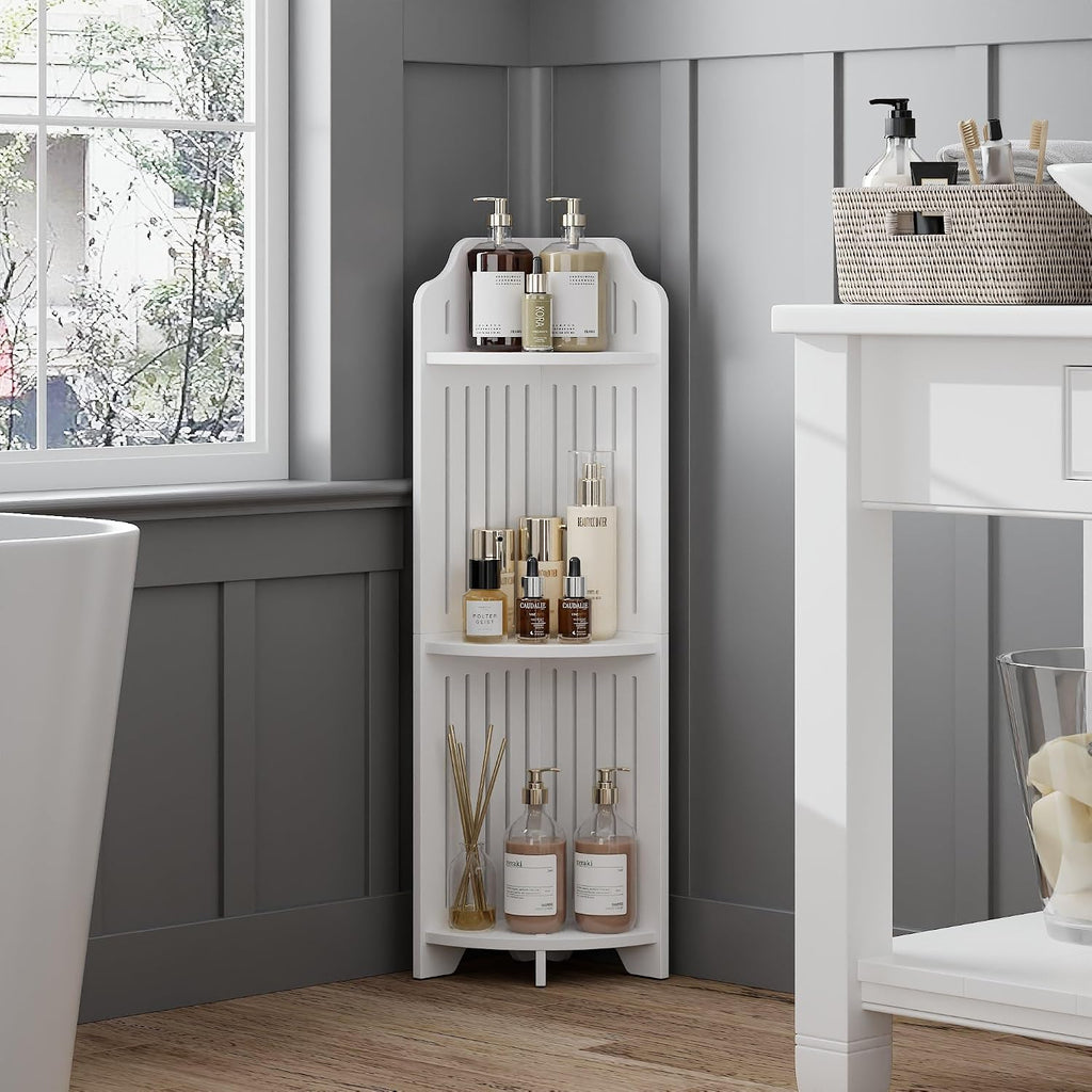 VECELO 3-Tier Bathroom Corner Shelf, Freestanding Triangle Storage Rack, Waterproof Corner Organizer, White Vertical Corner Shelving Unit for Bathroom Toilet Small Space,White
