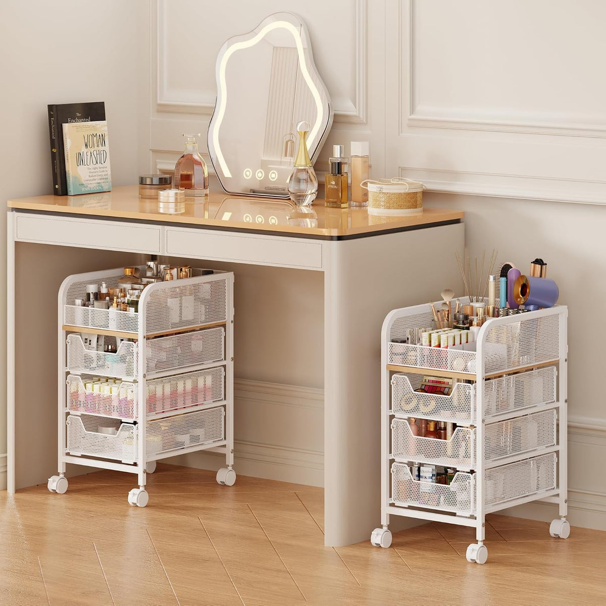 Rolling Makeup Cart Organizer with 3 Drawers, 4-Tier Narrow Floor Skincare Organizers with dividers, Vanity Organizer Cosmetics Display Cases for Makeup Brush, Hair Tool, White