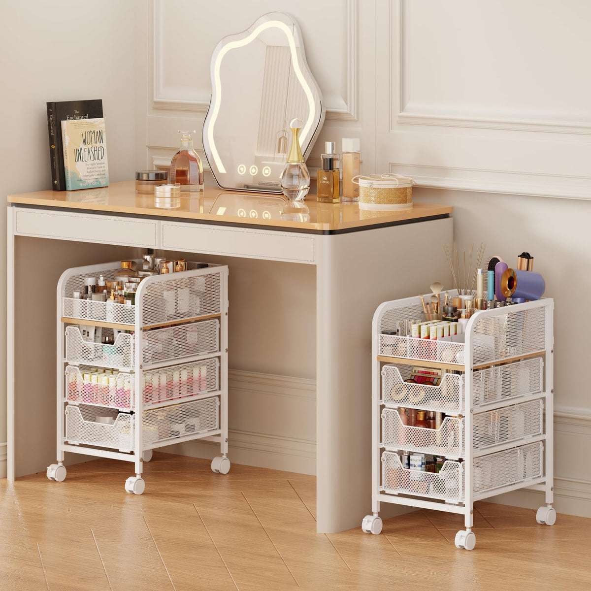 Rolling Makeup Cart Organizer with 3 Drawers, 4-Tier Narrow Floor Skincare Organizers with dividers, Vanity Organizer Cosmetics Display Cases for Makeup Brush, Hair Tool, White