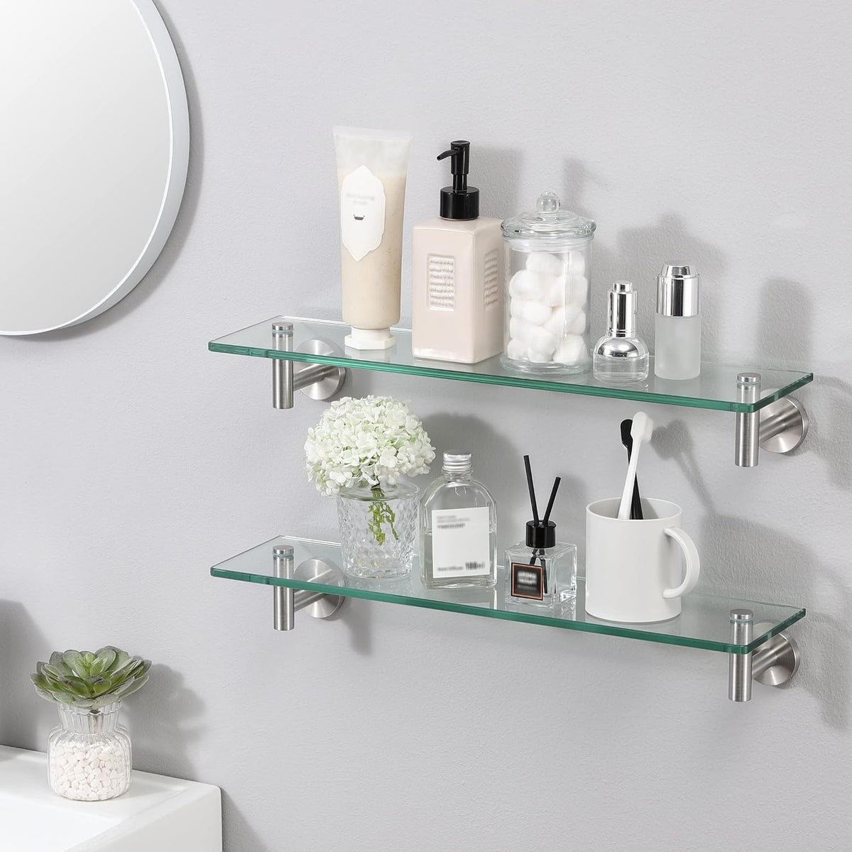 KES Bathroom Floating Glass Shelf 20-Inch, 2-Pack, Brushed Stainless Steel