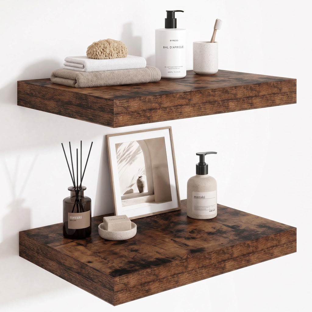 Deep Floating Shelves for Wall, 12 Inch Wide Small Wall Shelves Set of 2, 2 Inch Thick Invisible Wall Mounted Shelves for Bathroom Bedroom Nursery,Walnut Color