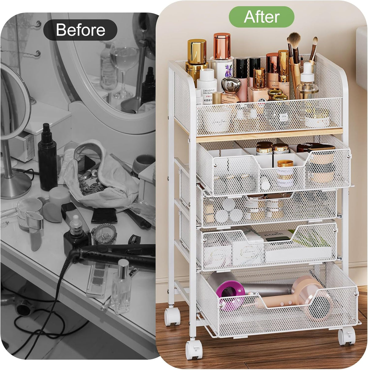 Hongtamoya Makeup Cart Organizer with 4 Drawers, Rolling Makeup Cart, White