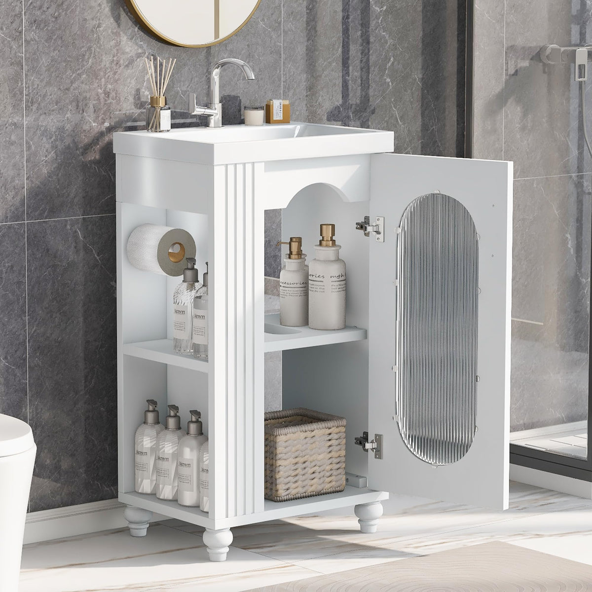 Virubi 20 in Small Bathroom Vanity with Sink, Soft Closing Door,Tilt-Out Drawer and Adjustable Shelf,Solid Wood Frame Modern Single Bathroom Sink Cabinet with Storage, Freestanding, Natural Wood
