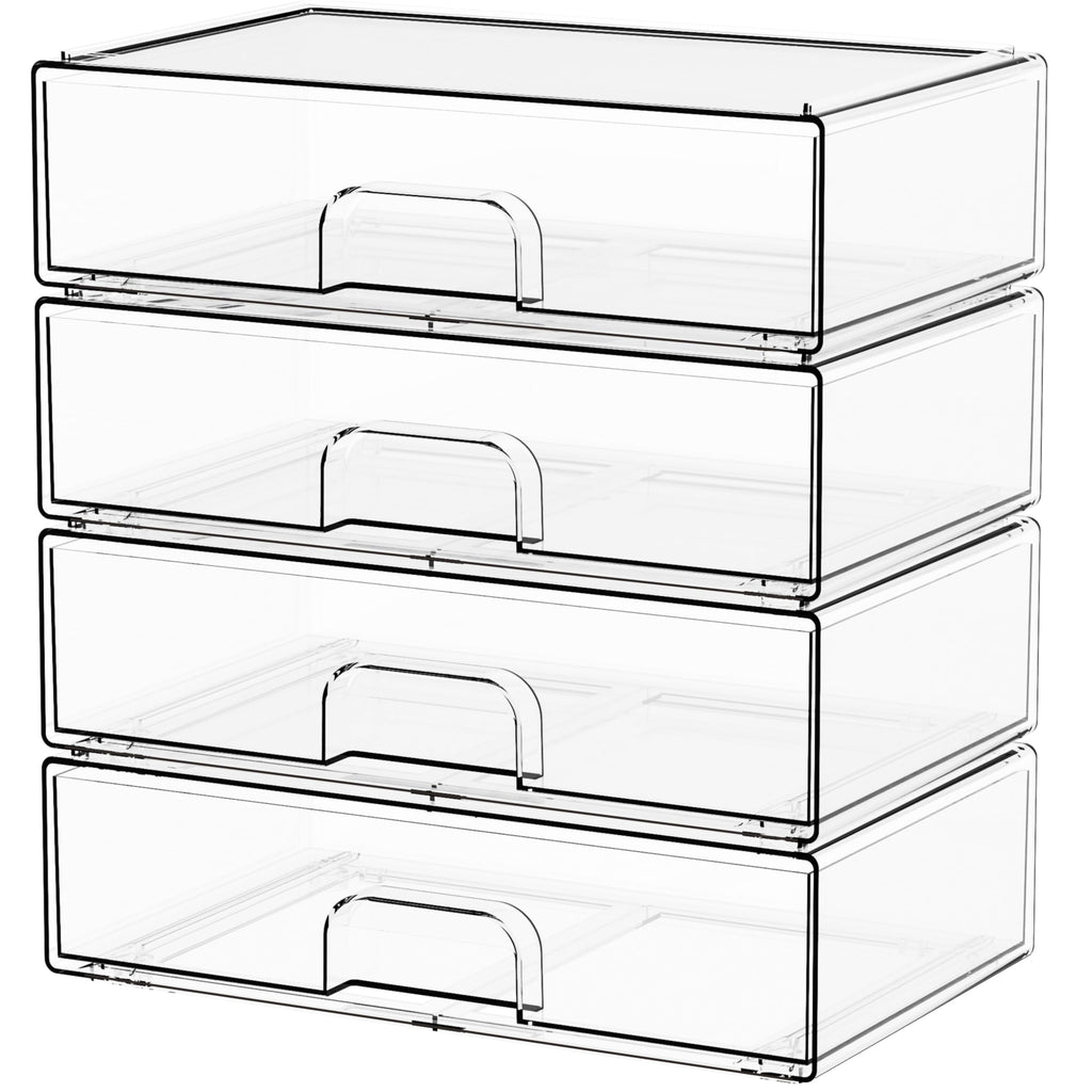 Yieach 4 Pack Clear Stackable Storage Drawers,4.4'' Tall Acrylic Drawer Containers for Organizing,Bathroom Organizers and Storage Bin Box,Plastic Makeup,Medicine Organizer Bins for Cabinet,Undersink