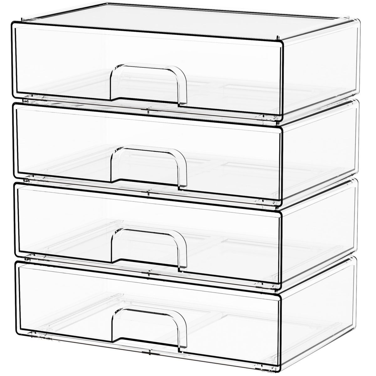 Yieach 4 Pack Clear Stackable Storage Drawers,4.4'' Tall Acrylic Drawer Containers for Organizing,Bathroom Organizers and Storage Bin Box,Plastic Makeup,Medicine Organizer Bins for Cabinet,Undersink