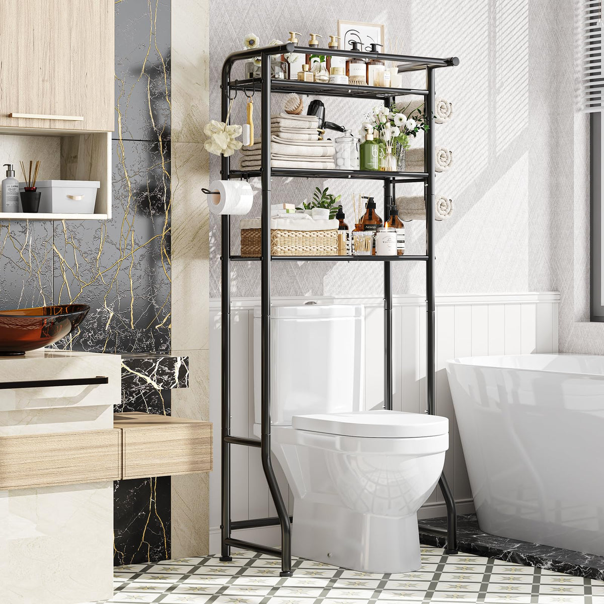 Simple Trending 3 Tier Over The Toilet Rack, Shelf Bathroom, Bathroom Stand Organizer Space Saver, Silver