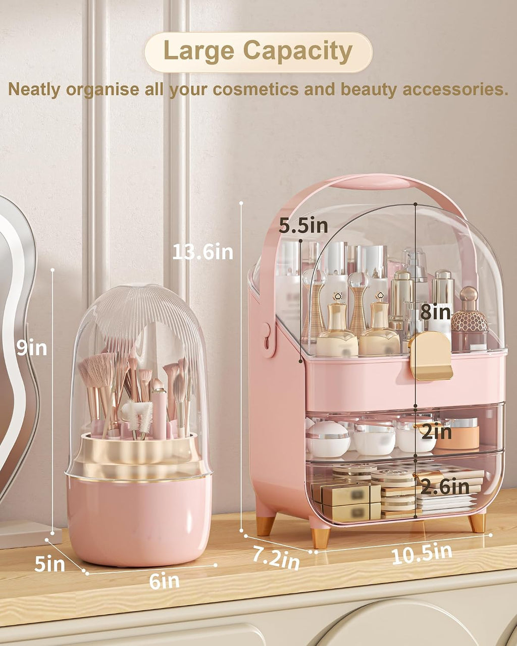 Makeup Organizer Countertop, Skincare Holder Bathroom Counter Organizer, Storage Box Cosmetic Display Cases, Teen Girl Gifts Make up Organizers (Pink/Brush)