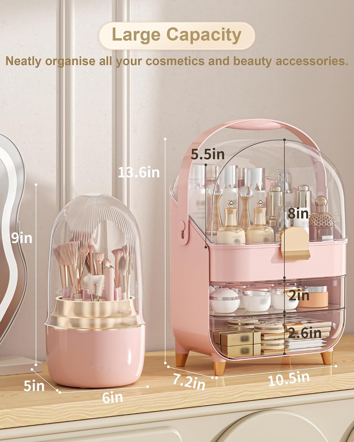 Makeup Organizer Countertop, Skincare Holder Bathroom Counter Organizer, Storage Box Cosmetic Display Cases, Teen Girl Gifts Make up Organizers (Pink/Brush)